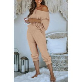 PRETTYGARDEN Women's 2 Piece Ribbed Tracksuit Outfits Off Shoulder Long Sleeve Pullover Long Pants with Pockets (Khaki,X-Large)