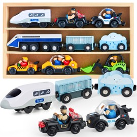 Electric Train Set Toys Wooden Magnetic Cars - Locomotive Auto Forward/Park, Gift for 3 4 5 6 Year Old Toddlers Kids Boys Truck Trains Toy, Compatible with Common Wooden Train Tracks