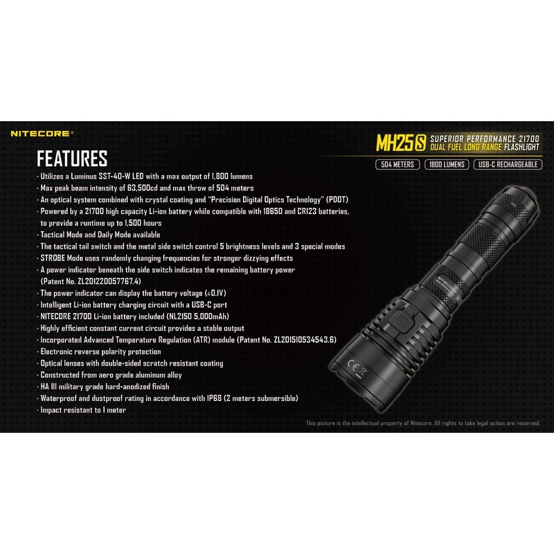 NITECORE MH25S Superior Performance Dual Fuel Long Range Flashlight w/