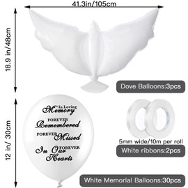 Jishi Dove Memorial Balloons to Release in Sky, Biodegradable Funeral Balloons Memorial Decorations for Celebration of Life Party Happy Birthday in Heaven, 30 Memorial Balloons & 3 White Dove Balloons