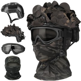 SANYETS Airsoft Helmet with 3D Camo Helmet Cover, Airsoft Balaclava Face Mask, Black PJ Tactical Helmet with Night Vision Mount, Tactical Airsoft Gear,Men's Military Costume