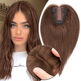 MY-LADY Human Hair Toppers for Women Real Human Hair for Thinning Hair 8 * 10CM Lace Silk Base Hair Pieces No Bangs Clip in Remy Hairpieces Hand-Tied 10 Inch Medium Brown