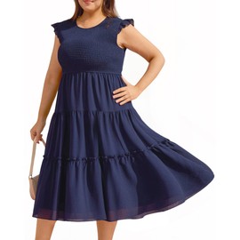 Womens Dresses Plus Size Summer 2025 Maxi Dress Ruffle Sleeves Round Neck Blue Smocked Long Dress