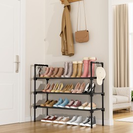 LANTEFUL 3 Tier Shoe Rack for Closet, Shoe Organizer with 5 Hooks, Long Shoe Shelf Storage for Shoe and Boot Stackable Free Standing Shoe Rack for Entryway, Garage, Small Spaces, Dorm, Black