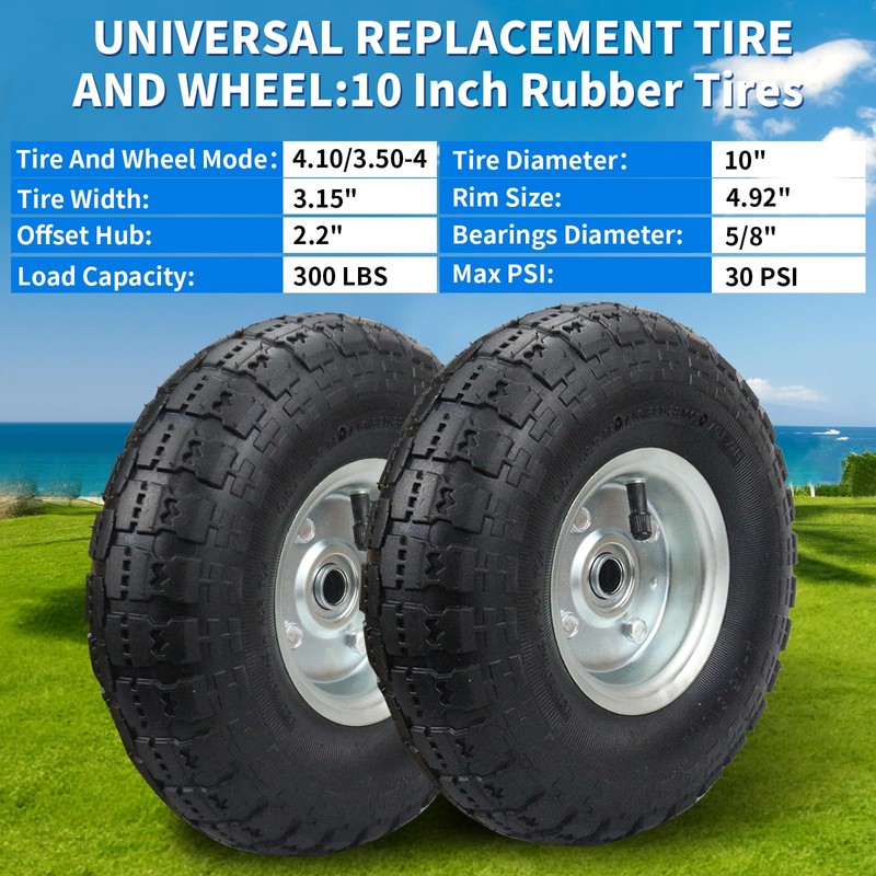 (2 Pack) RRQ 10 Inch Pneumatic Wheel 4.10/3.50-4 Tire, 10"
