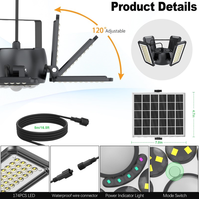 Solar Shed Light Outdoor Indoor Upgrade 1200LM 174LED 4 and