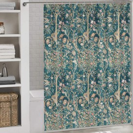 William Morris - Cortina de ducha floral clásico – diseño original verde con estampado de flores acuáticas de poliéster, cortina impermeable con 12 ganchos, 72 x 72 pulgadas, ladrón de fresa