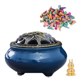 Incense Burner with Lid, Incense Bowl Holder， Cone Incense Burner, Ceramic Censer Suitable for Incense/Cone/Coil/Sticks, There are 20 Incense Cones+ Metal Incense Holder Inside.