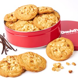 David's Cookies Fresh Baked Decadent Jumbo Vanilla Chip Macadamia Nut Cookies – 2lb Gift Basket Tin with 8 Large Vanilla Cookies – Bakery-Style Soft and Chewy Dessert for Birthdays, Special Occasions