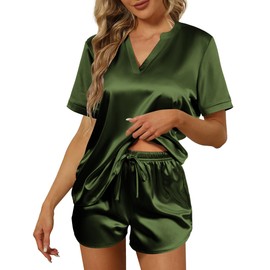 Ekouaer Silk Pajamas for Women Short Sleeve Sleepwear Two-piece Pjs Set Soft V Neck Loungewear Tops with Pj Shorts Army Green Medium