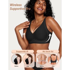 OEAK Womens Comfortable Deep V Bras Wireless Push Up Seamless Full Coverage Bralettes Supportive Bra Raceback Tshirt Bras Black,2XL