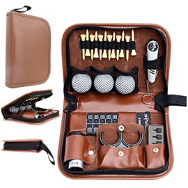 Wolfman Golf Accessories Set with Hi-End Case, Golf Balls, Rangefinder, Golf Tees, Brush, Multifunctional Divot Knife, Scorer, Golf Ball Clamp for Women and Men Golf Gifts (Brown)