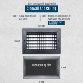 Fits 10x6 Duct Opening Steel Adjustable Air Supply Grille by Handua | Register Vent Cover Grill for Sidewall and Ceiling | Black | Outer Dimensions: 11.75" X 7.75"