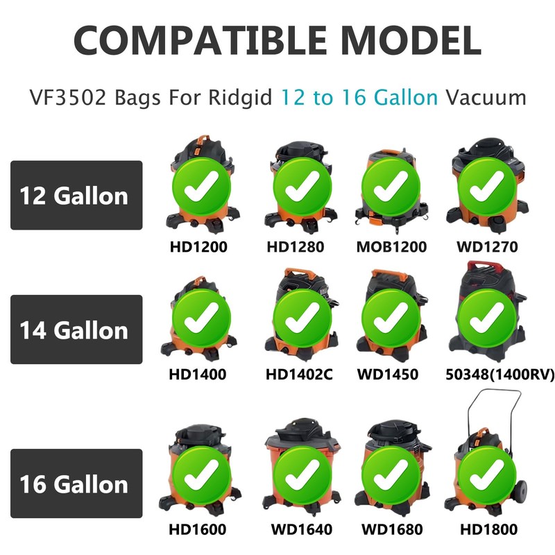 14 Pack 23743 VF3502 Vacuum Bags Compatible with Ridgid 12-16