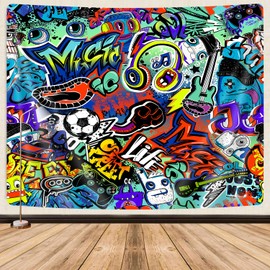 Modern Street Graffiti Tapestry, Creative Urban Street Music Hip Hop Hippie Art Tapestries Funny Colorful Tapestry Wall Haning for Teen Boys Girls, Aesthetic Tapestry for Bedroom College Dorm 80"X60"
