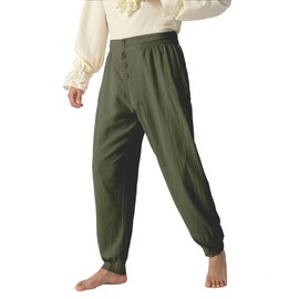 MO GOOD Mens Pirate Renaissance Pants Viking Costume, Medieval Retro Drawstring Ankle Pants Cotton Cosplay for Ren Faire (Army,2XL)