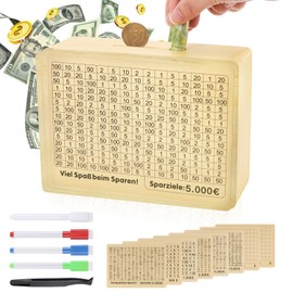 Fentar Wooden Money Box, Money Saving Box with 4 Marker & Eraser, 10000 Saving Challenge Box with ϵ 500- ϵ 10000 Target, Value Vault Money Box for Kids Adults, Reusablemoney Box, Piggy Bank for Gift