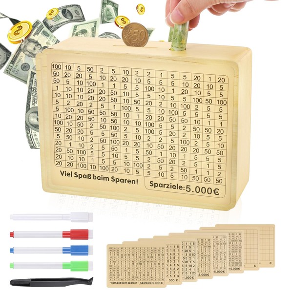 Fentar Wooden Money Box, Money Saving Box with 4 Marker