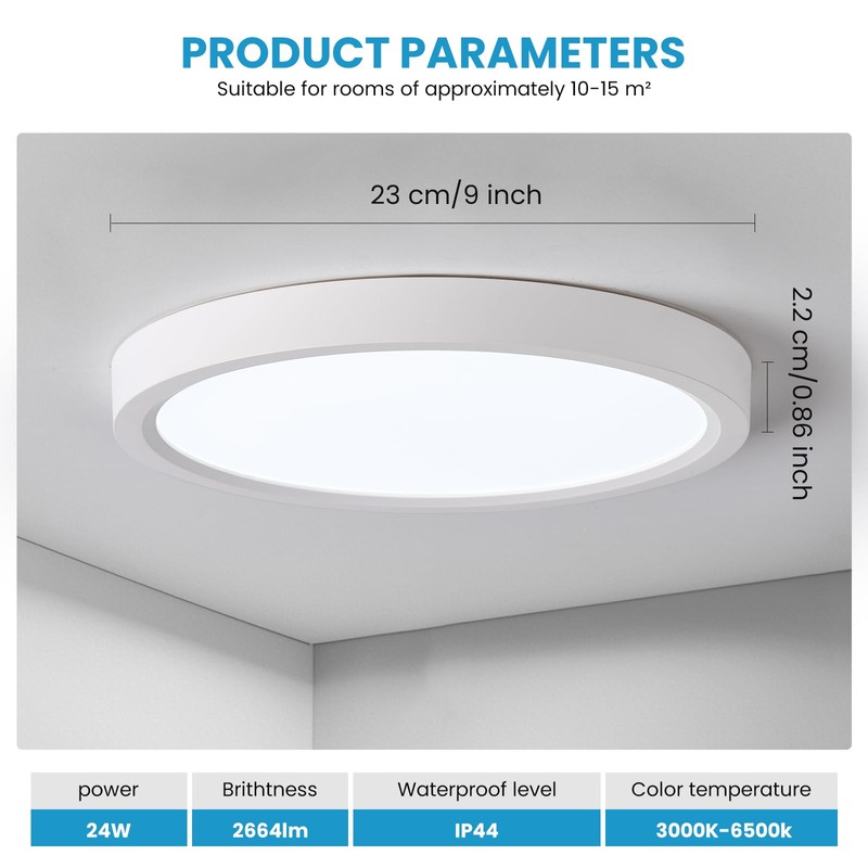 queffigle 23cm LED Ceiling Light 24w 2664LM Dimmable 3000-6500K with