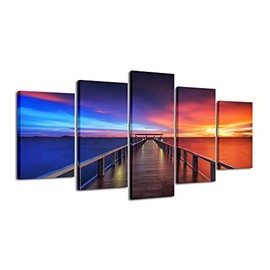 Pyradecor Sunset Bridge Extra Large 5 Piece Modern Seascape Artwork Giclee Canvas Prints Stretched and Framed Landscape Sea Beach Pictures Paintings on Canvas Wall Art for Home Decorations XL