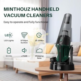 Minthouz Handheld Vacuum Cordless, Strong Suction Car Vacuum Cleaner with LED Light, Long Runtime Hand Vacuum Cordless Rechargeable, Hand Held Vac with Charging Base for Home/Car/Pet/Office