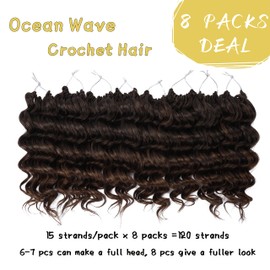 Ocean Wave Crochet Hair 8 Inch, 8 Packs Deep Wave Crochet Hair for Women, Short Curly Crochet Braids Pre Looped Beach Curl Hair Extensions (T1B/30#)