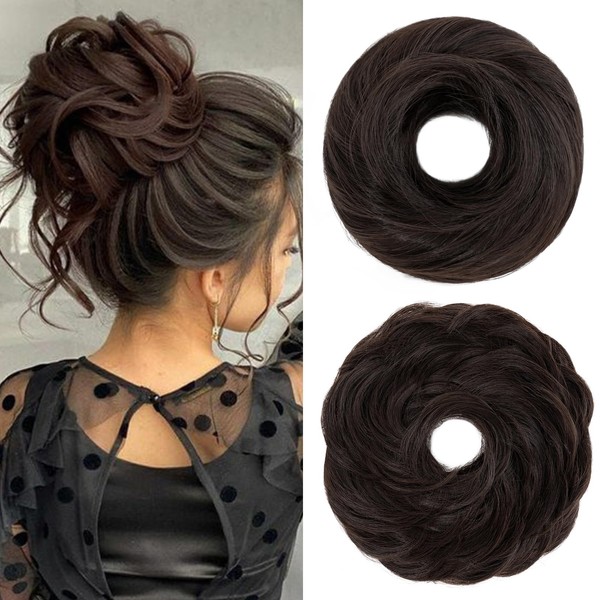 S-Noilite Hair Pieces with Elastic Band, Hair Bobbles with Hair for Women, Doughnut Updo Hair Chignons, Synthetic Ponytail Bun Extensions, Hair Extensions - Dark Brown