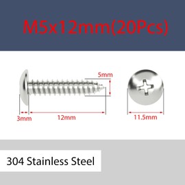 ORANXIN M5 x 12 mm, Pack of 20, Round Head Wood Screws, 304 Stainless Steel, Phillips Mushroom, Self-Drilling Self-Tapping Screws