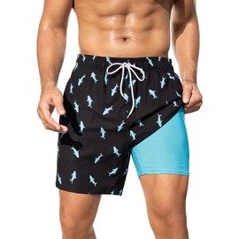 SILKWORLD Mens Bathing Suits Zipper Pockets Swim Trunks 6 in Swimsuits Quick Dry Beach Shorts with Compression Lining, Black Blue Fish, Medium