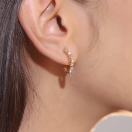 Yheakne Vintage Crystal Hoop Earrings Rhinestone C Shape Earrings Gold Paved Cz Open Hoop Earrings Small Hoop Huggie Earrings Jewelry for Women(Gold)