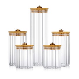 FANTESTICRYAN Glass Storage Jars Set of 5, Decorative Coffee Bar Container with Airtight Bamboo Lid Metal Ring for Home Kitchen Storing Candy, Cookie, Pasta, Nuts, Oatmeal and Bathroom Salt