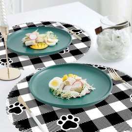Placemats,Round Placemats Washable Polyester Table Mats Heat Resistant Placemats for Kitchen Dining Table Decoration Set of 4 - Black and White Plaid Dog Paws