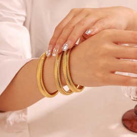 Gold Bangles Bracelets for Women Chunky Stretch Bangles Bracelets Set 18K Gold Plated Flexible Wide Wristband Stainless Steel Link Chain Cuff Bracelets Trendy Jewelry Gift Set of 4 (10mm gold bangles set of 3)