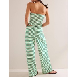 AICHARMWA Women's Striped Two Piece Sets Cropped Tube Top and Wide Leg Pants Lounge Matching set with Pockets(031-Green-S)