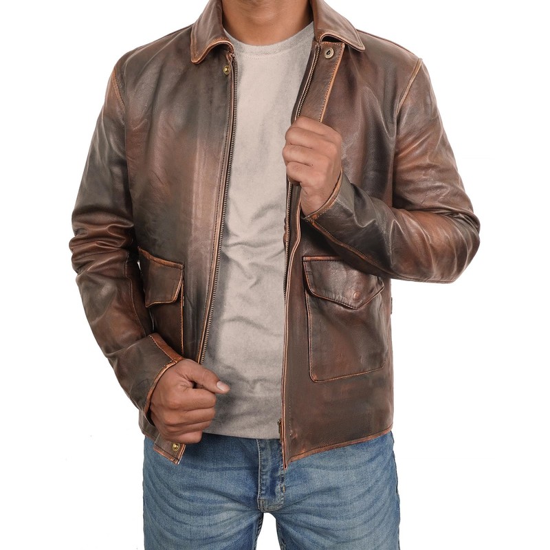 Mens Brown Leather Jacket | Brown Distressed - L