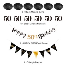 BRT Bearingshui Black and Gold 50th Birthday Decoration Kit for Men, Happy 50th Birthday Banner Bunting Swirls Streamers, Triangle Flag Banner for Birthday Party Decorations Supplies