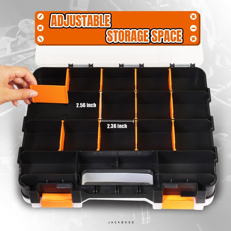 Jack Boss Tool Box with Transparent Lid, Double Side 34-Compartments
