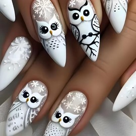 Almond Press on Nails Christmas Fake Nails French Owl Designs Gloss False Nails Full Cover Stick on Nails Acrylic Winter Artificial Nails for Women Glue on Nails（24PCS ）