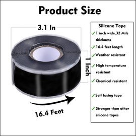PackYard Waterproof Silicone Tape Black 1 in x 16.4' Waterproof Rubber Leak Proof Sealing Tape Silicone Rubber Self-amalgamating Tape for Emergency Pipeline Repair Cable Bandage Tool Fixing