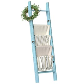 Honest Blanket Ladders for The Living Room, 6-Tier Blanket Holder, Wall-Leaning Blanket Rack, Ladder Shelves, Wooden Quilt Ladder, Farmhouse Decor, Blue