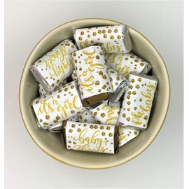 60 Gold Oh Baby Girl Baby Shower Miniatures Candy Bar Wrapper, Its a Girl Baby Shower Miniatures Candy Bar Stickers, White and Gold