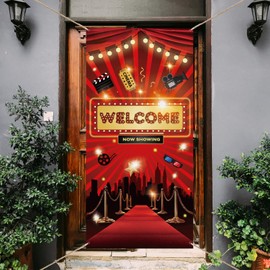 arricraft 1 Pc Movie Theme Party Door Cover, Theater Movie Night Door Banner Photography Background Welcome Now Showing Supplies Night Party Decorations for Wedding Theater 35.4x72.8 Inch