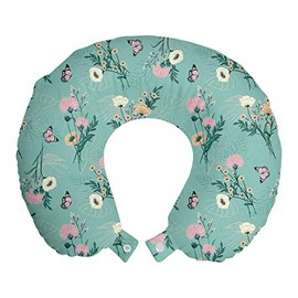 Lunarable Nature Travel Pillow Neck Rest, Flourishing Pattern of Flowers and Butterflies, Memory Foam Traveling Accessory for Airplane and Car, 12", Teal