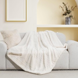 EVERGRACE Cable Jacquard Sherpa Fleece Throw Blanket for Couch, Super Soft Cozy Fuzzy Plush Blankets for All Seasons, Reversible Thick Warm Blanket for Bed, Sofa, Living Room, Ivory White, 50" x 60"