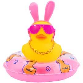 wonuu Car Duck Rubber Duck Car Ornaments Duck Car Dashboard Decorations with Cute Headband Swim Ring Necklace Sunglasses, B-Pink Long Rabbit Ear Headband