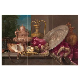 Tile Mural Still Life with Silver Gold Plate Shells Sword by Meiffren Conte Kitchen Bathroom Shower Wall Backsplash Splashback 3x2 4.25" Ceramic, Glossy