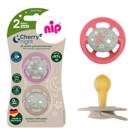 NIP Cherry Latex Dummy, Round, Luminous, Set of 4 (2 x 2), Size 2 (6 M +, Night Glow), Nursing Friendly, Size 2, from 6 Months