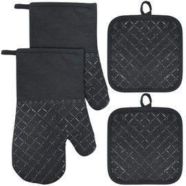 Oven Gloves and Pot Holders Set of 4, 300°C Heat Resistant Oven Gloves, Non-Slip Oven Gloves, Oven Mitts Kitchen Baking Gloves, Cooking Gloves (Black)