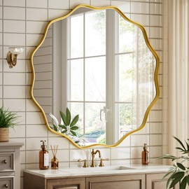 ZENOMIRRIS Round Wavy Mirror - 30 Inch Bathroom Vanity Mirror Metal Frame Circle Wall Mounted Mirror for Bedroom Living Room Entryway, Gold