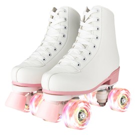 jessie Roller Skates for Women Girls Roller Skate Flash Four-Wheel High Top PU Leather Roller Derby Skates for Beginners Indoors Outdoors (Pink flash wheel,39-9.55in-US Women 7.5)